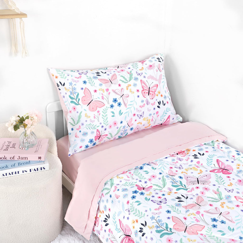 Toddler Bedding Set for Girls 4 Pieces Butterfly, Soft Breathable Toddler Comforter Set, Flower Print, Includes