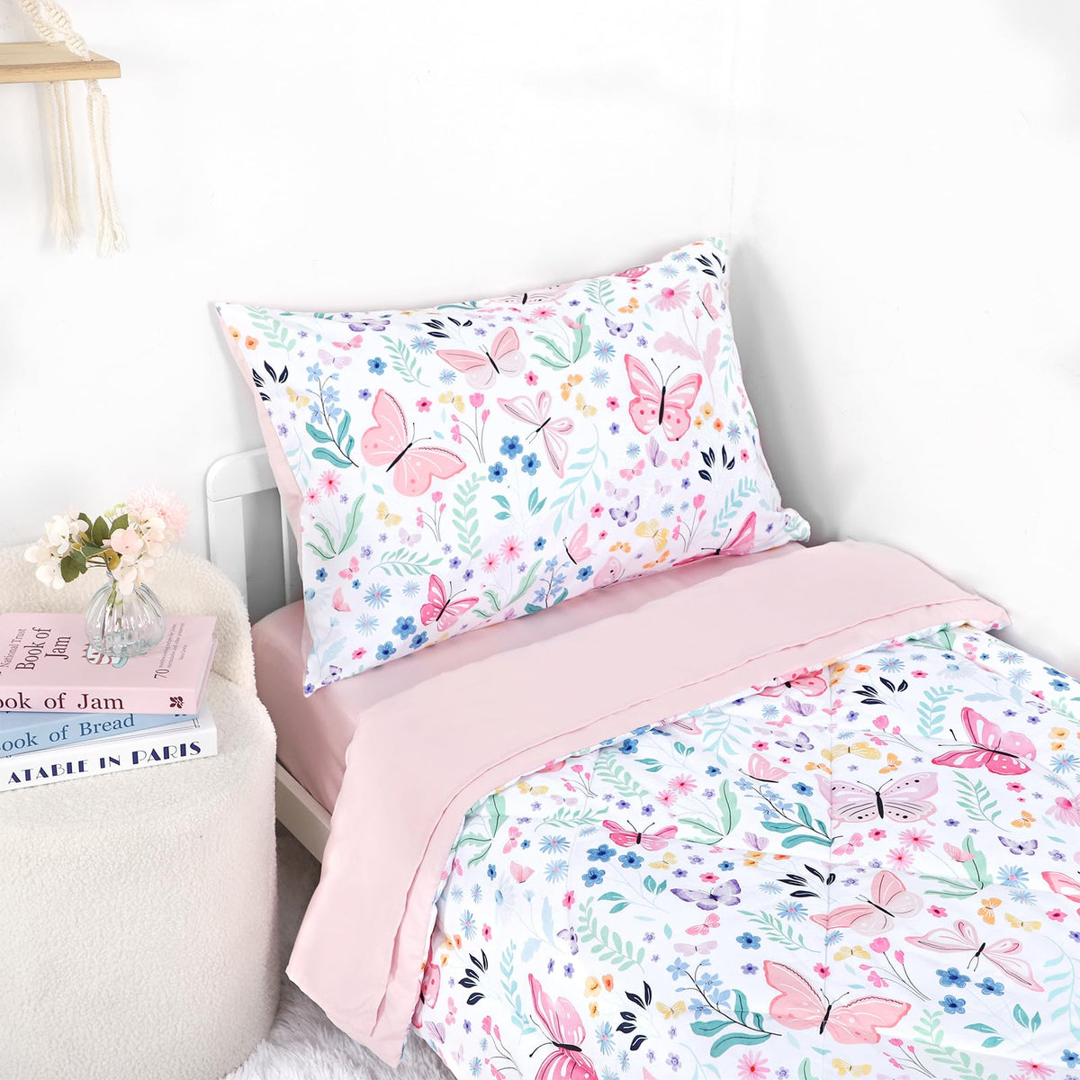 Toddler Bedding Set for Girls 4 Pieces Butterfly, Soft Breathable Toddler Comforter Set, Flower Print, Includes