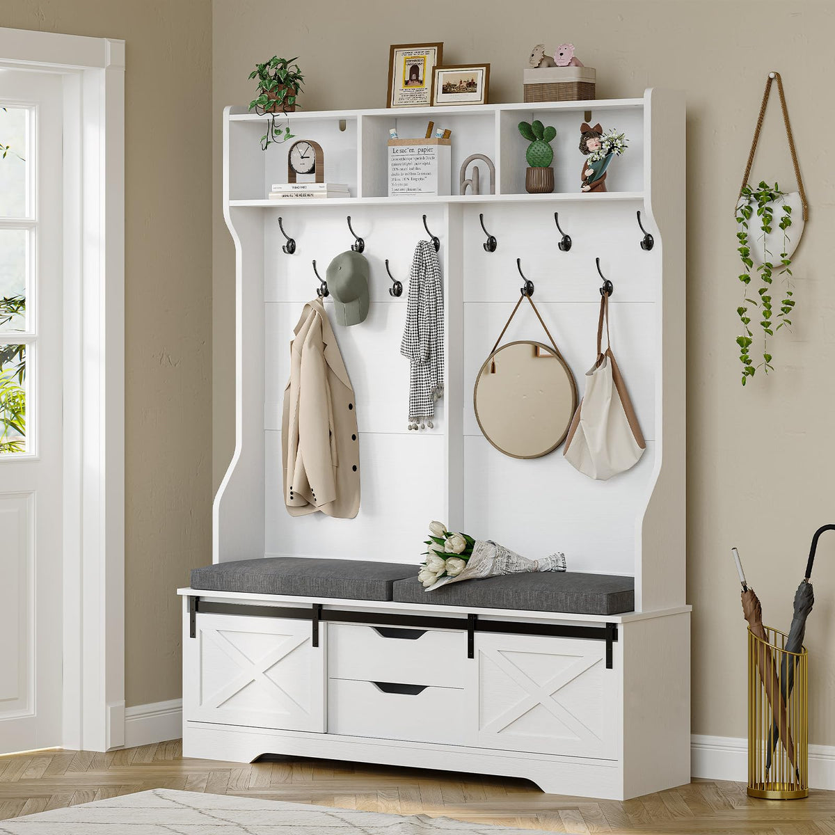 Hall Tree with Bench and Shoe Storage, Entryway Bench with Coat Rack, Modern Farm House Barn Door 3-in-1 Hall Tree