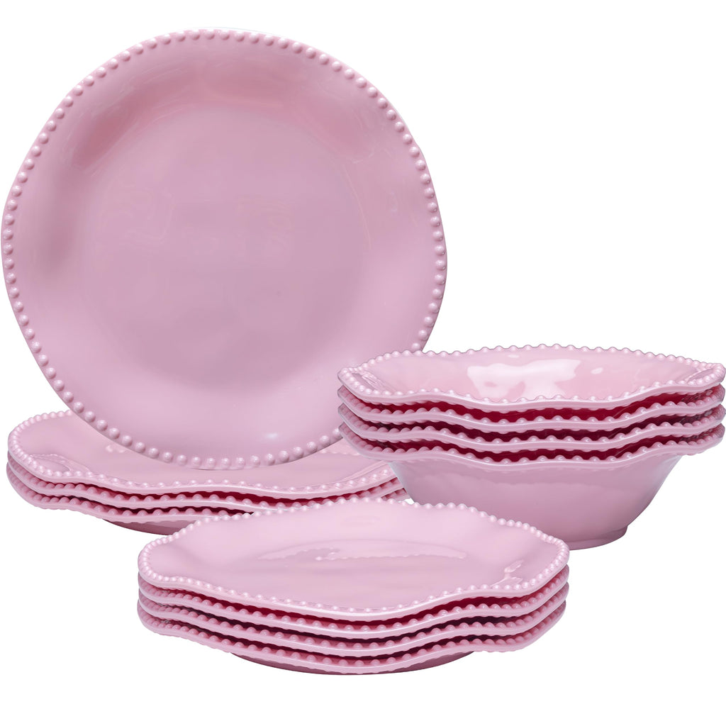 Pink Beaded Melamine Dinnerware Set, 12pcs Dots Plate and Bowl Set