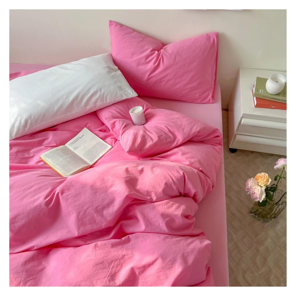 Cotton Waffle Jacquard Bright Color Four Piece Set Washed Cotton Bed Sheet and Quilt Cover, Bed Sheets