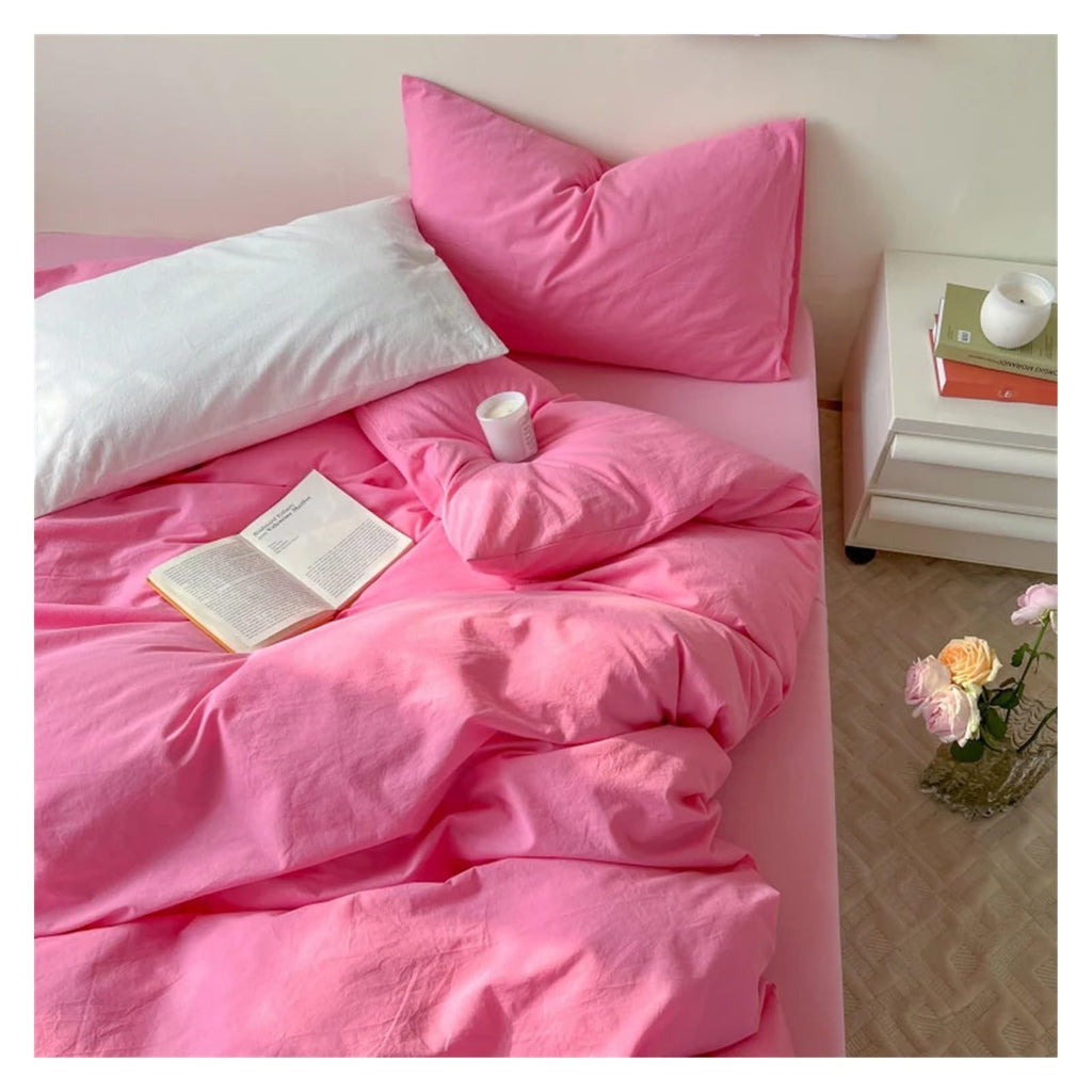 Bed, Cotton Waffle Jacquard Bright Color Four Piece Set Washed Cotton Bed Sheet and Quilt Cover