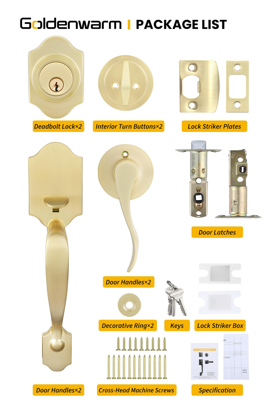 Double Front Door Lock Set, Gold Double Door Handle with Dummy