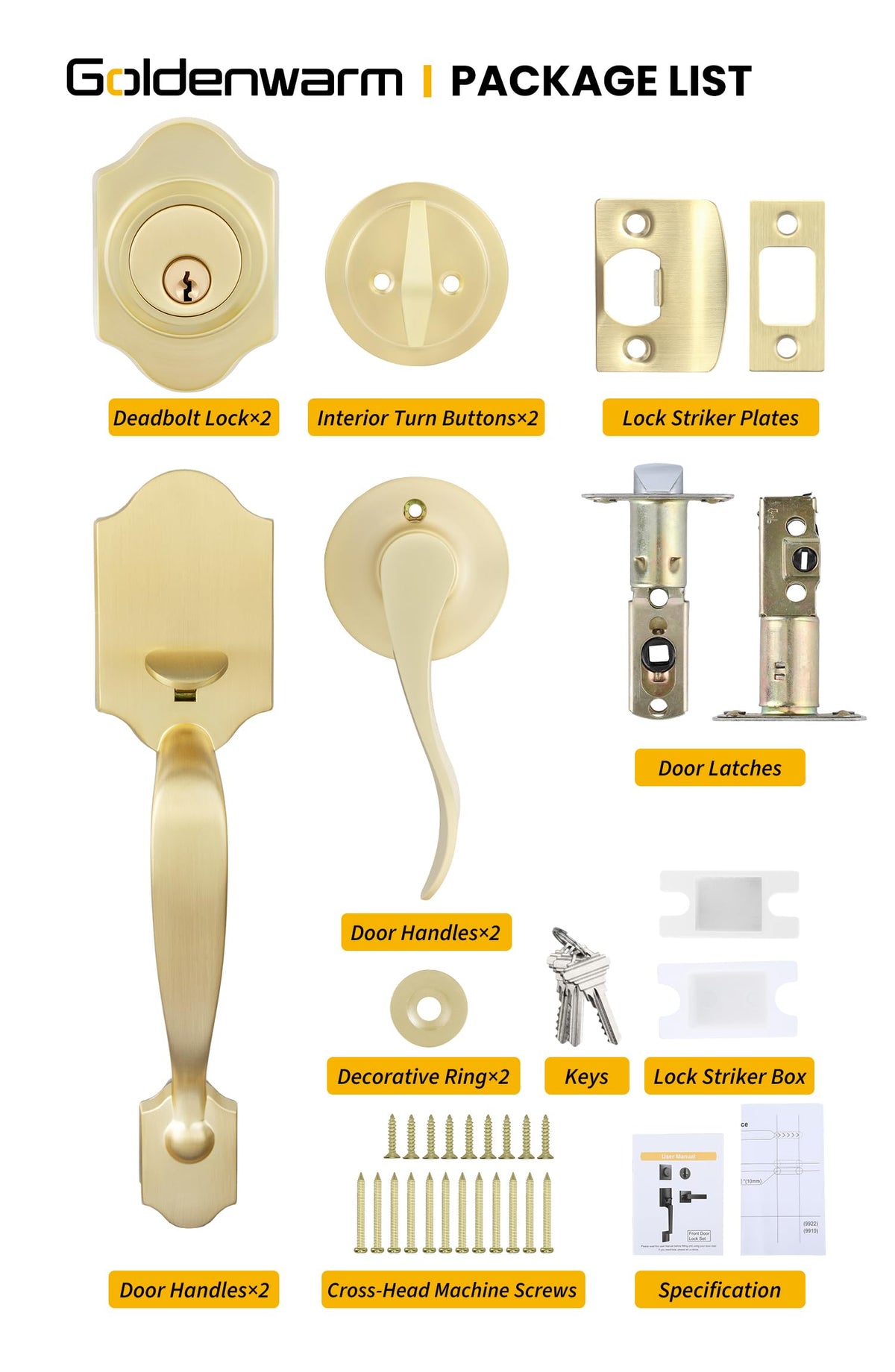 Double Front Door Lock Set, Gold Double Door Handle with Dummy