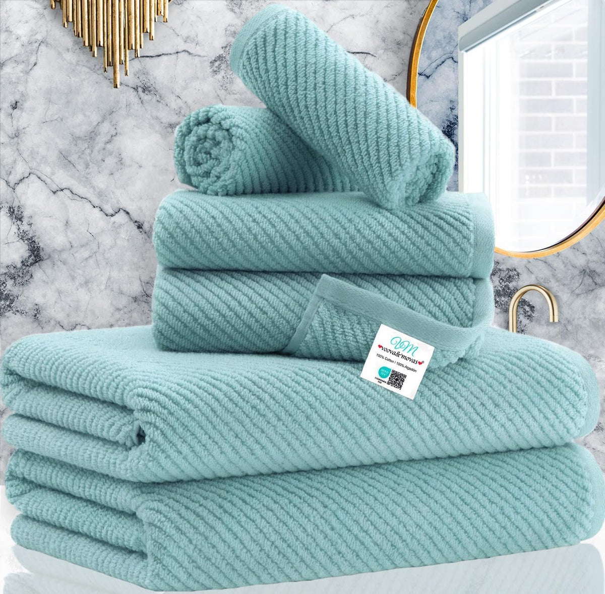 6PC Towel Set, 100% Cotton, Aqua Teal | 2 Bath 30x56 In, 2 Hand 18x28 In, 2 Washcloths 13x13 In, Thick, Soft, Quick