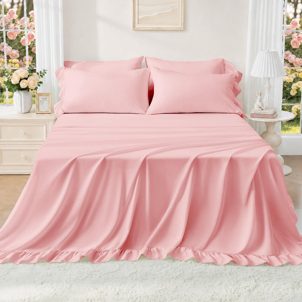 Sheet Set 4 Pieces - Pink Sheets with 4-Inch Ruffles Bed Skirt