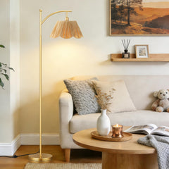 60" Floor Lamps with 3 Color Temperatures, Gold Floor Lamp with Rattan Shade, Modern Tall Lamps Office, 9W LED Bulb