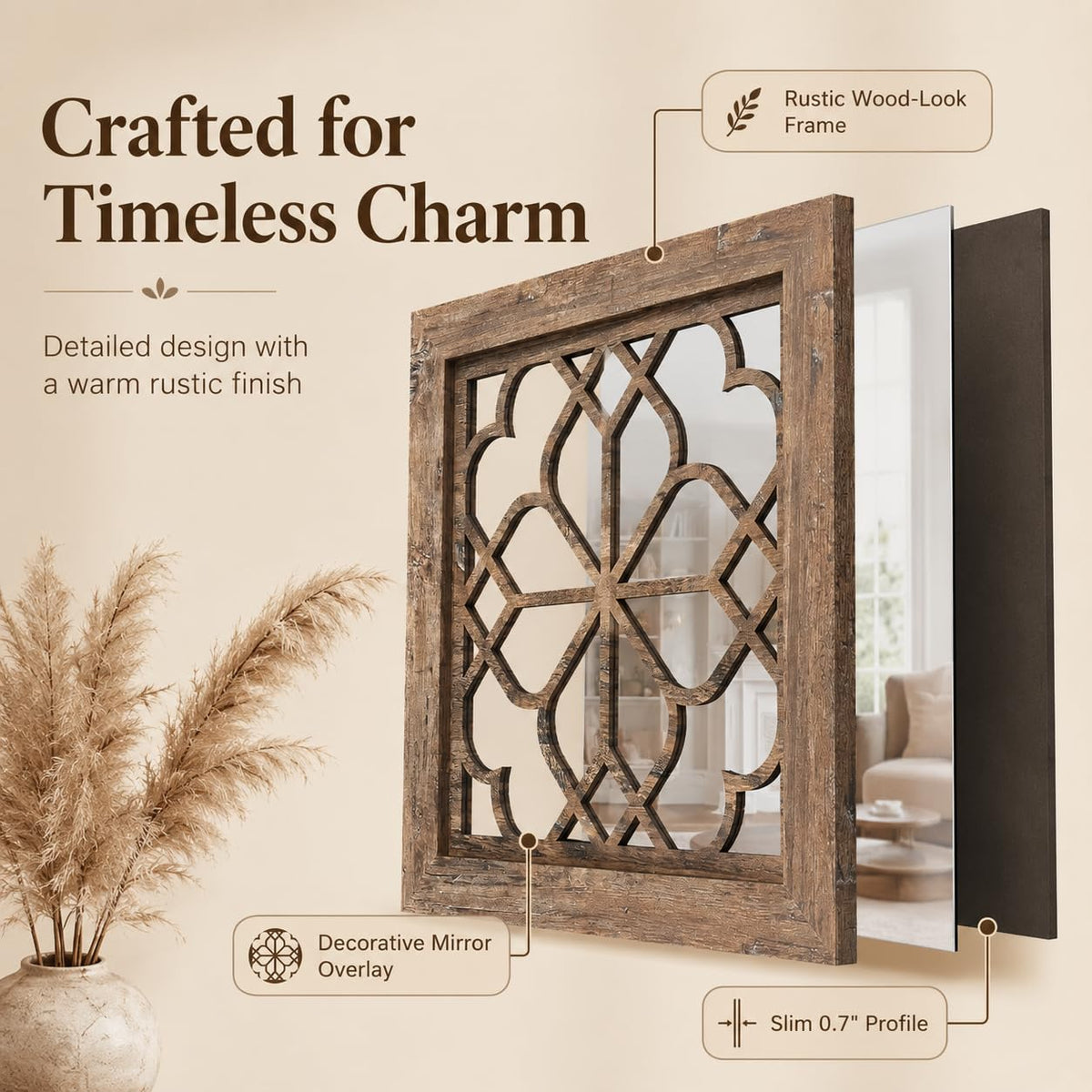Set of 4 Boho Wall Mirrors with Carved Floral Design, 12x12 Inch Rustic Farmhouse Accent Mirrors, Vintage Style