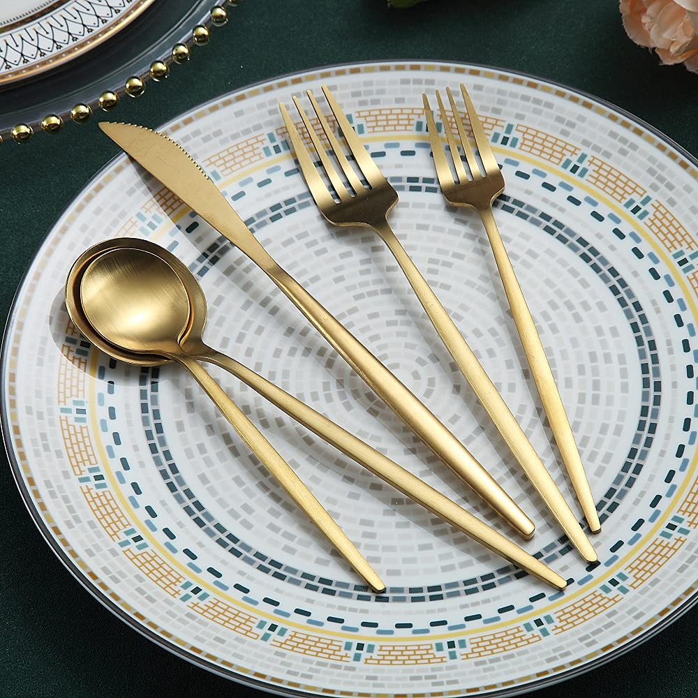Matte Gold Silverware Set 20 Pieces, Stainless Steel Golden Flatware Set, Titanium Plating Cutlery Set, Matte Gold