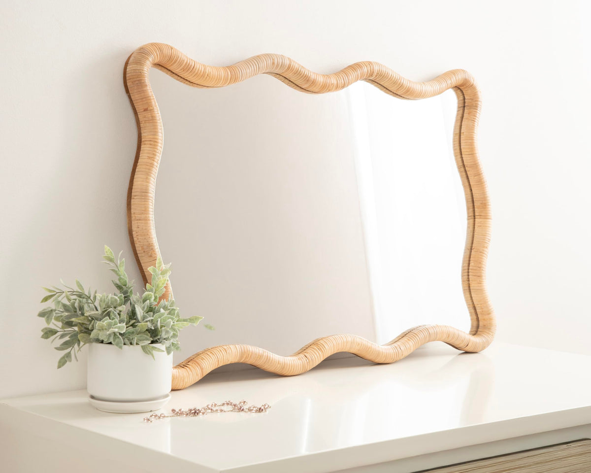 Rahfy Boho Scalloped Rectangle Rattan Wall Mirror, 24 x 36, Natural Wood, Decorative Rectangular Wavy Mirror with