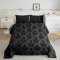 Gothic Bedding - Victorian Damask Twin Bed Set, Black Floral Comforter, Bohemian Goth Decor, Black & Gray