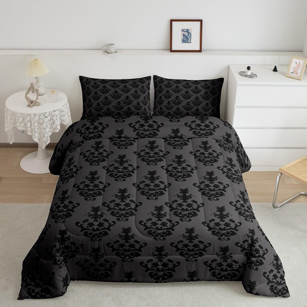 Gothic Bedding - Victorian Damask Twin Bed Set, Black Floral Comforter, Bohemian Goth Decor, Black & Gray