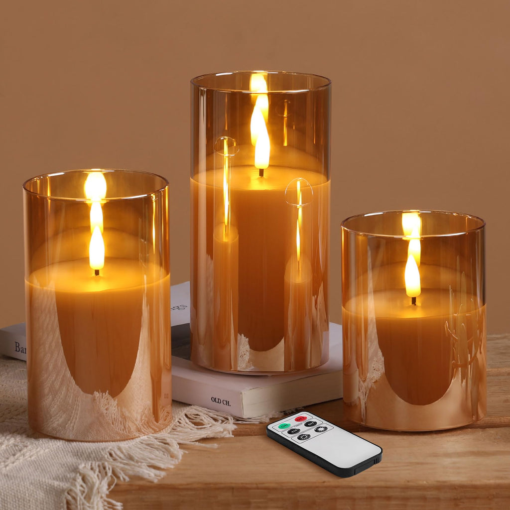 Gold Glass Flameless Pillar Candles with Remote, Flickering Fall LED Candles Battery Operated Set of 3