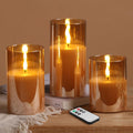 Gold Glass Flameless Pillar Candles with Remote, Flickering Fall LED Candles Battery Operated Set of 3