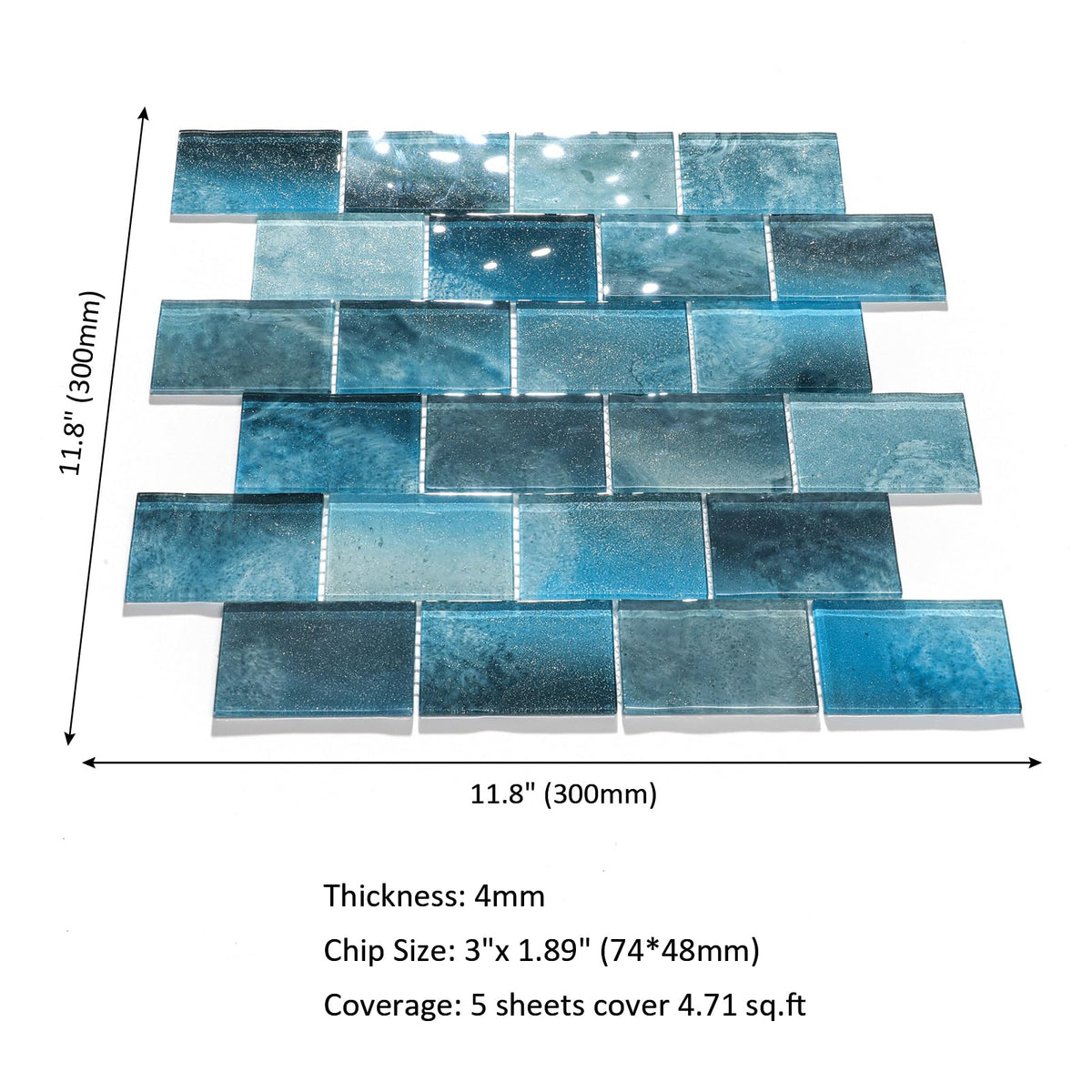 Glass Mosaic Tiles Backsplash, 5-Sheet Subway Backsplash Glass Tiles Bathroom Swimming Pool Shower Wall (Aqua Blue