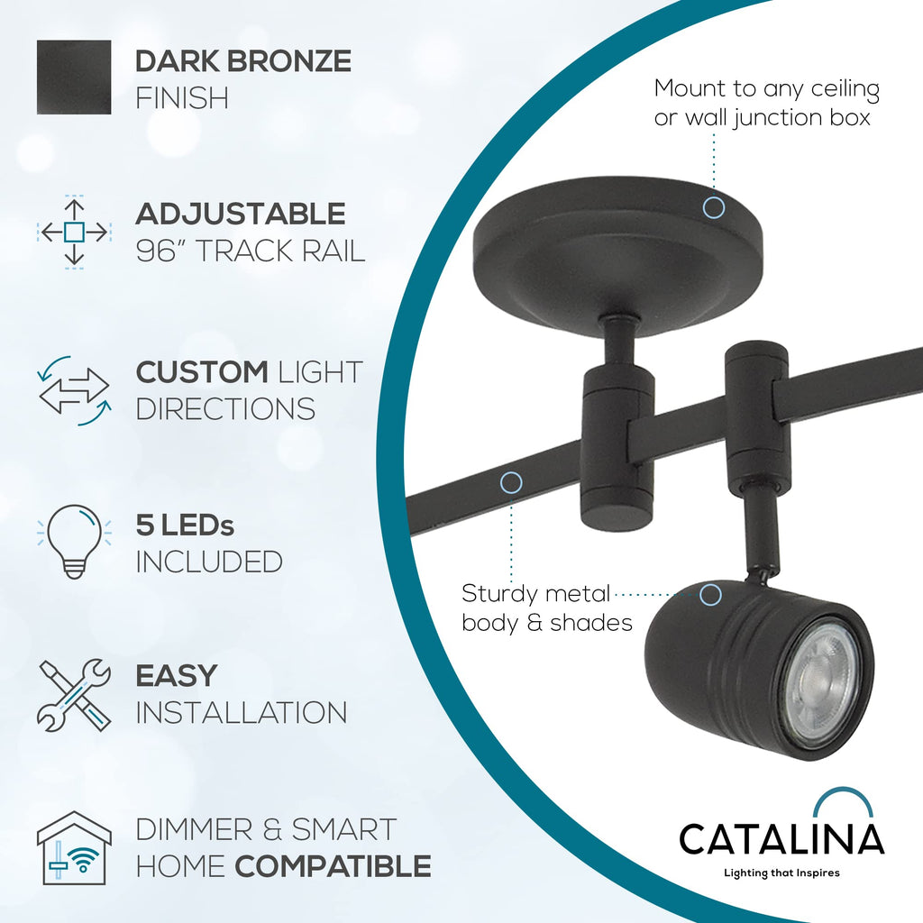 002 Transitional 5-Light Flexible Track Lighting Kit with Metal Shades, LED Bulbs Included, 96", Dark Bronze