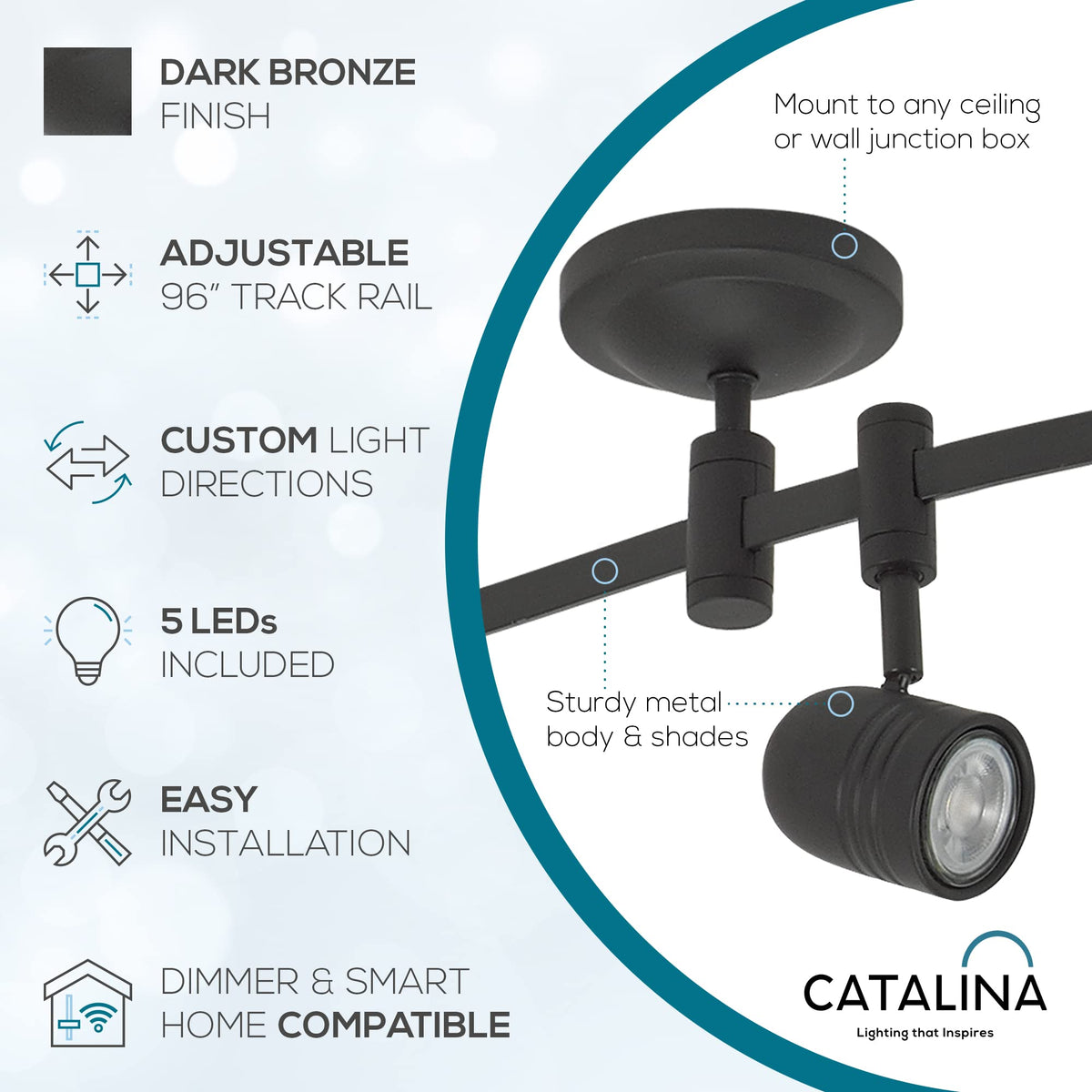 002 Transitional 5-Light Flexible Track Lighting Kit with Metal Shades, LED Bulbs Included, 96", Dark Bronze