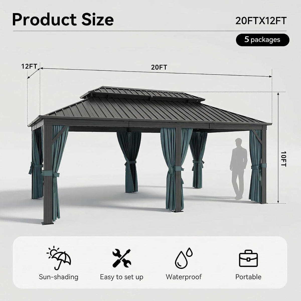 12x20 Gazebo on Clearance with Metal Roof, Heavy Duty Hardtop Gazebo with Flame-Retardant Curtain & Netting
