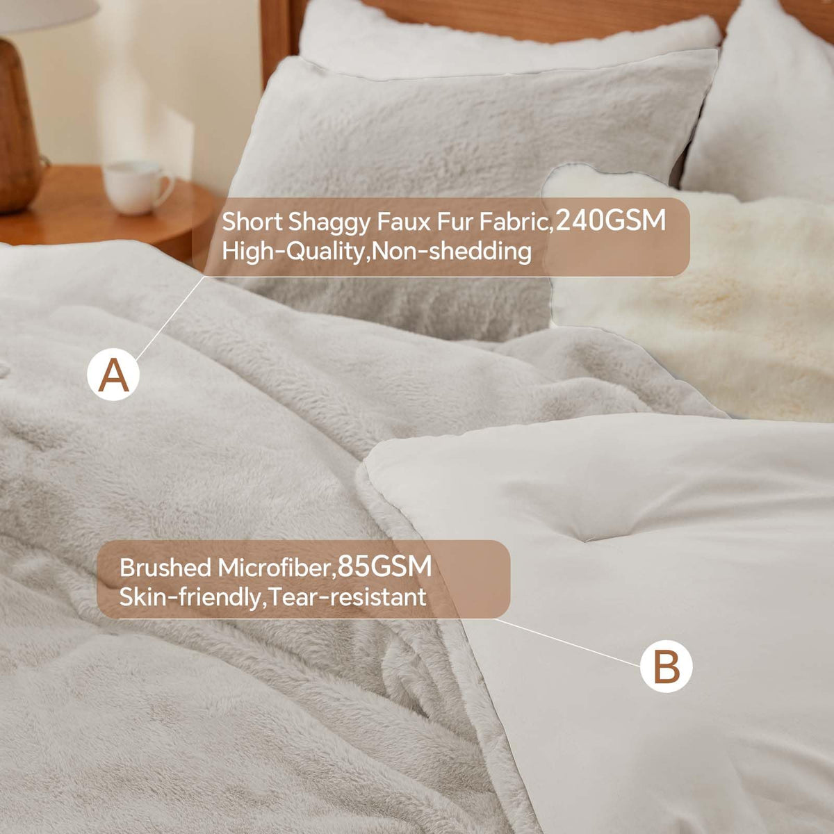 Faux Fur Comforter Set Linen, Warm Bedding with 2 Pilowcases
