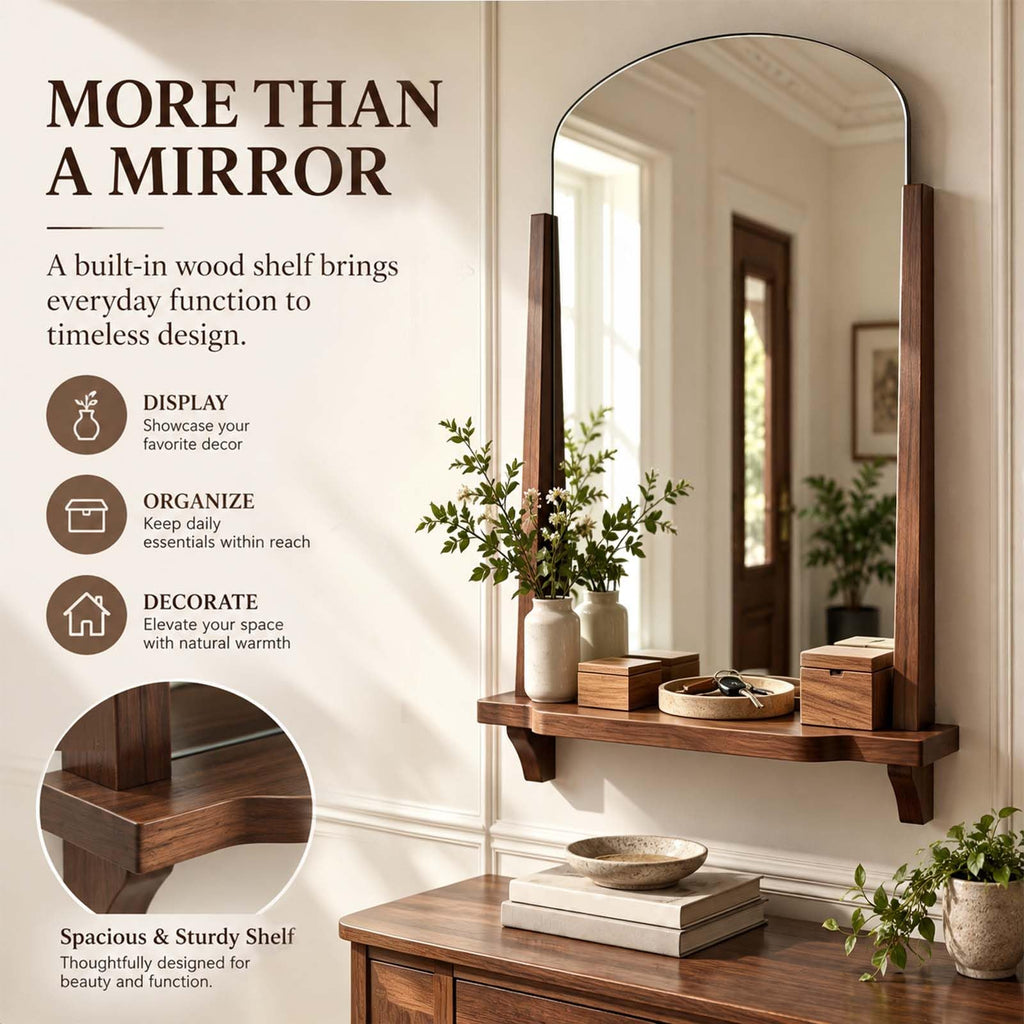 Arched Wall Mirror with Shelf, 24" x 37.4" Solid Wood Frame Bathroom Mirror, Walnut Brown Farmhouse Decorative Mirror