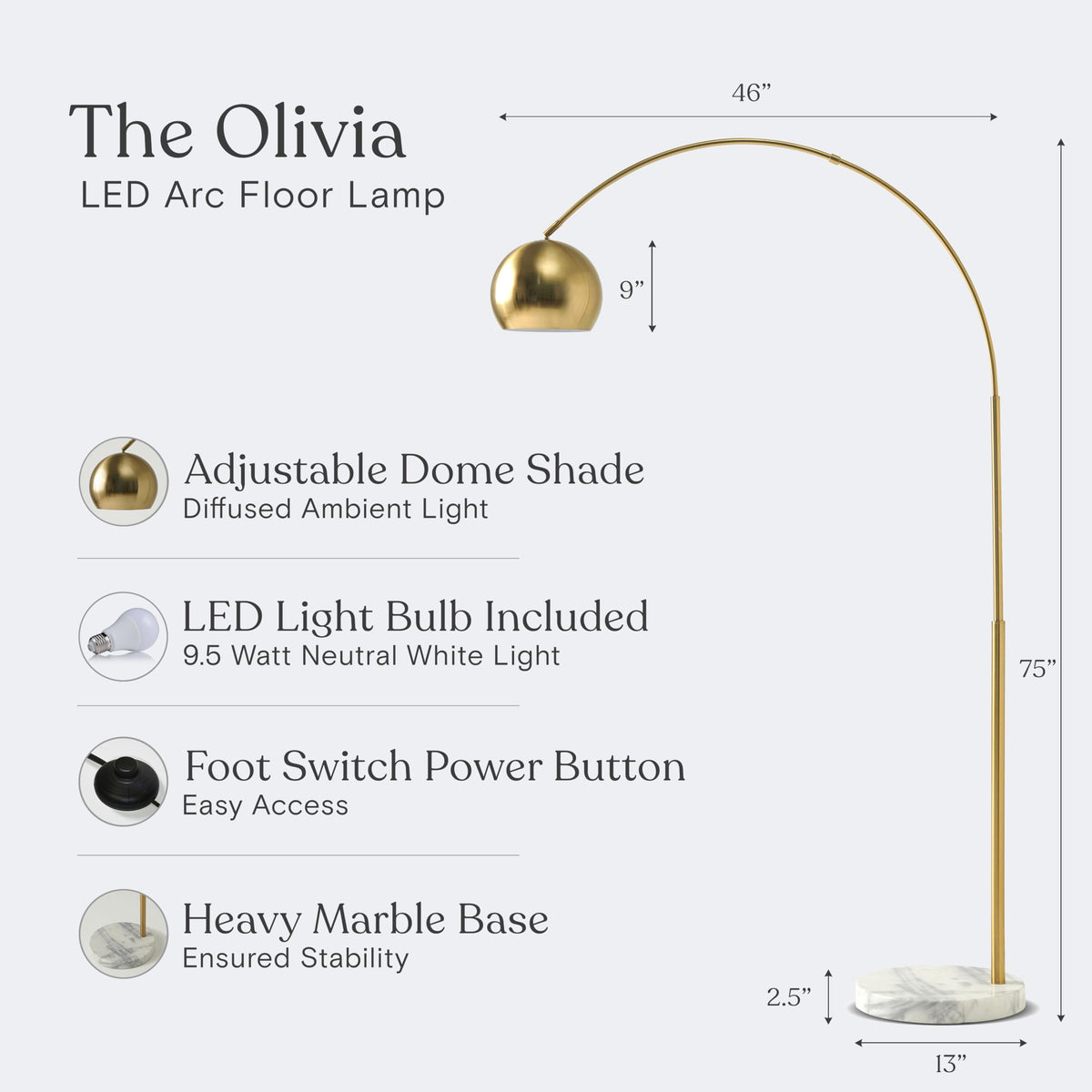 Inspired Arco Style Olivia Floor Lamp - Chic Arc Lamp with Rounded Spolight Head and Marble Base, Tall Standing Lamp with LED Light Bulb
