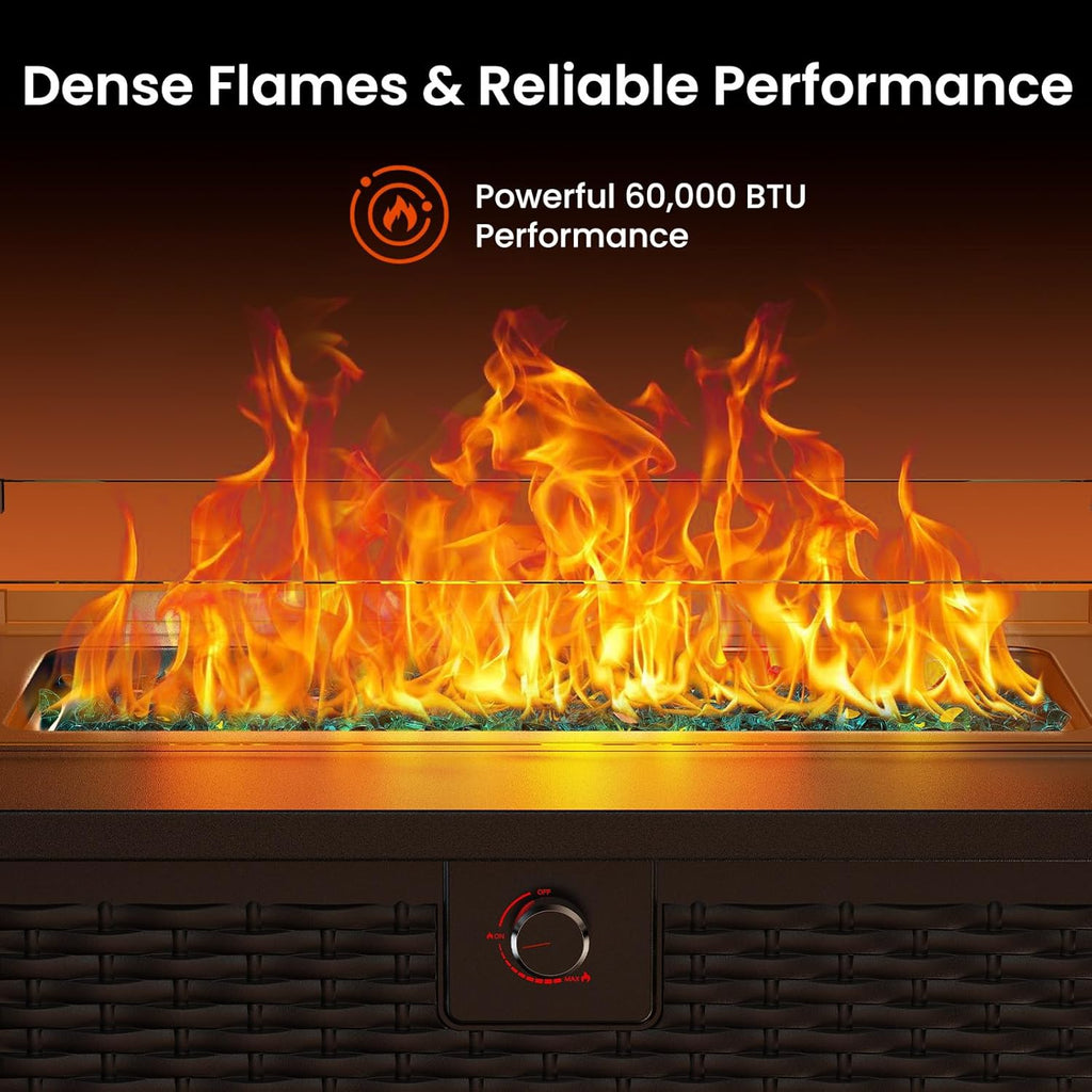 43 Inch Propane Fire Pit Table, 60,000 BTU Gas Fire Pit with Premium Glass Rocks, Wind Guard Glass Shield, Waterproof Cover, Cup Holders, Fire Table
