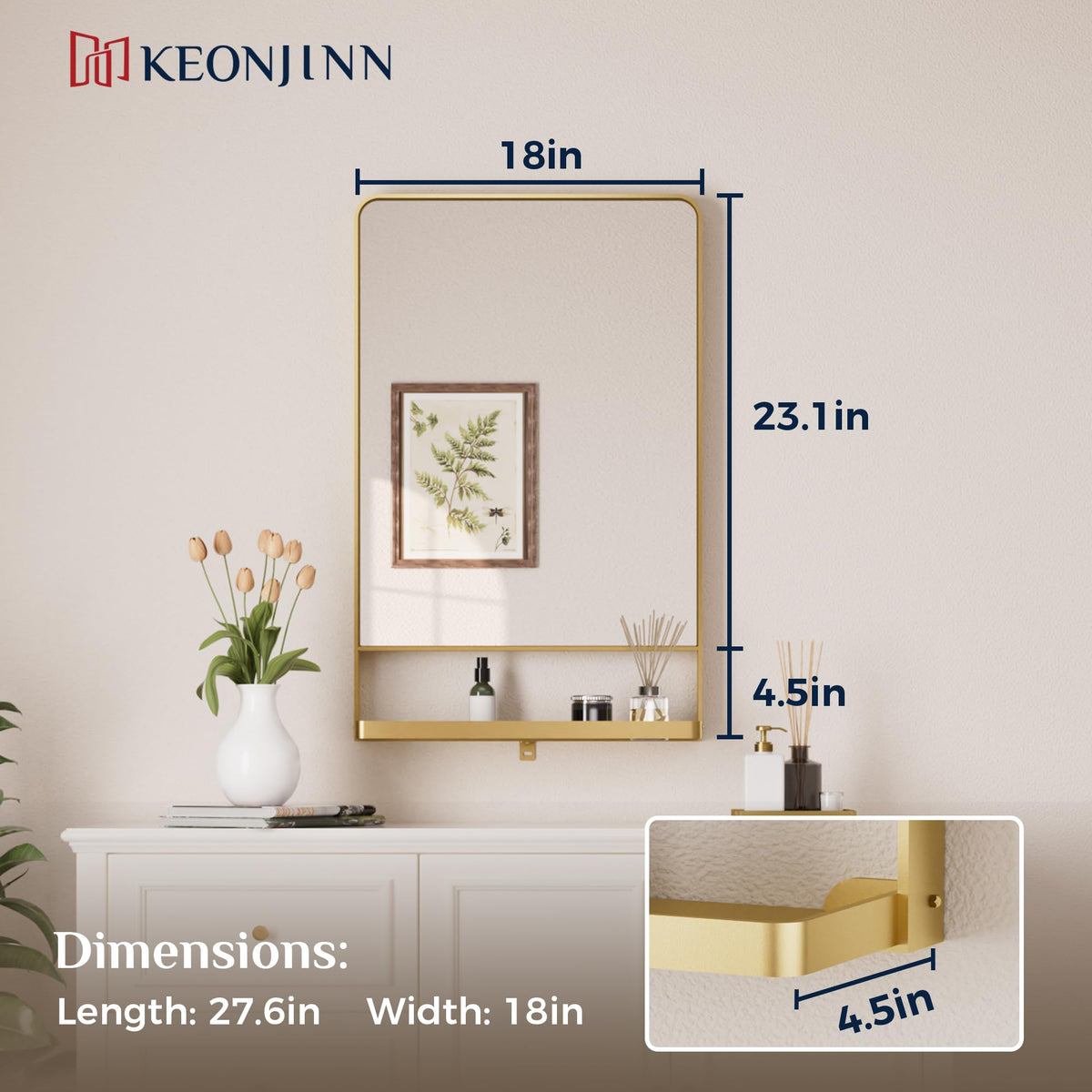 18" x 28" Gold Bathroom Mirror with Shelf, Rounded Corner