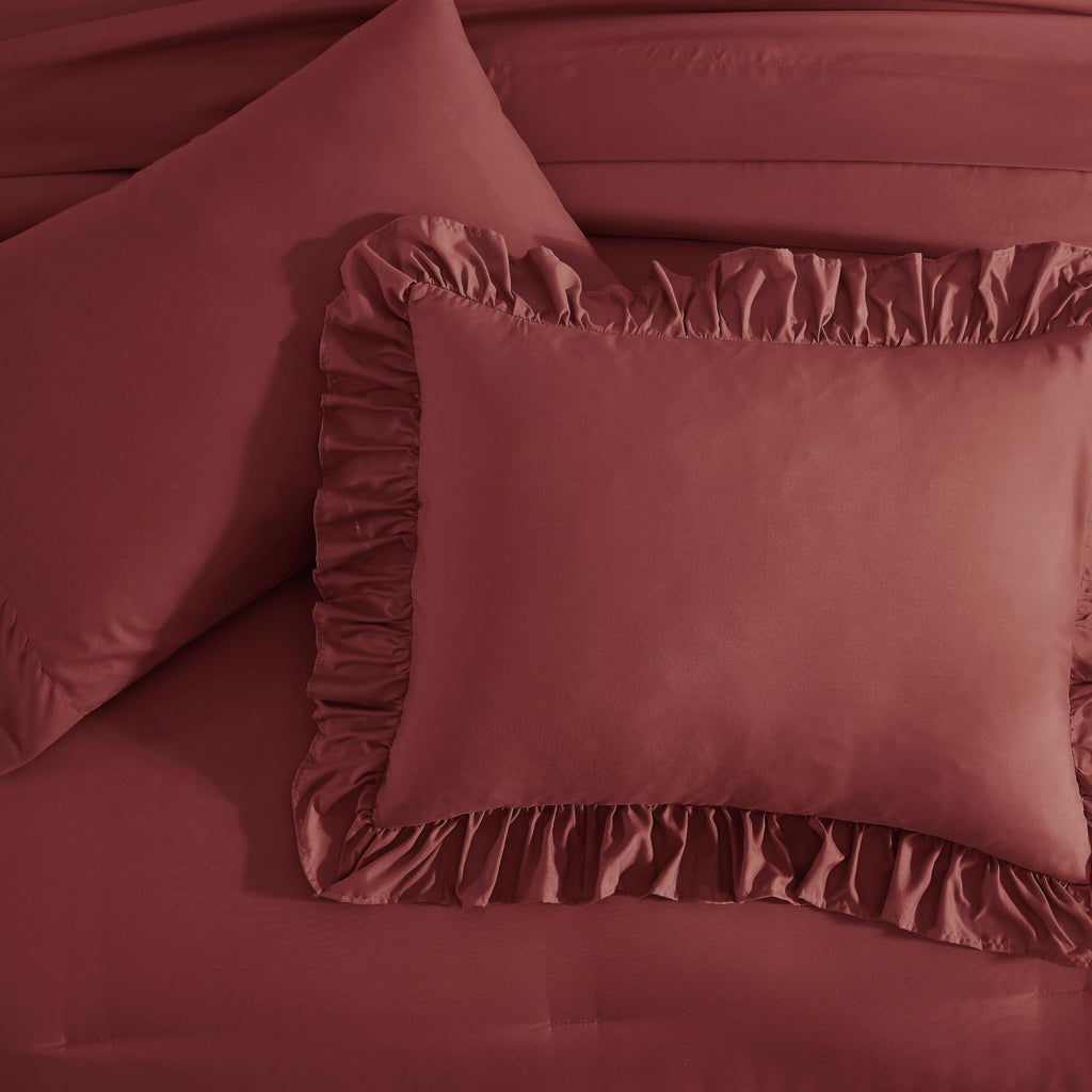 Comforter Set Syrah Red Ruffle 7 Pieces Farmhouse Bed in a Bag