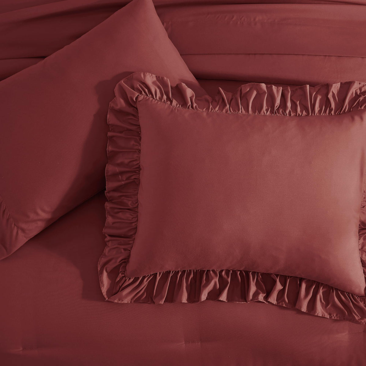 Comforter Set Syrah Red Ruffle 7 Pieces Farmhouse Bed in a Bag