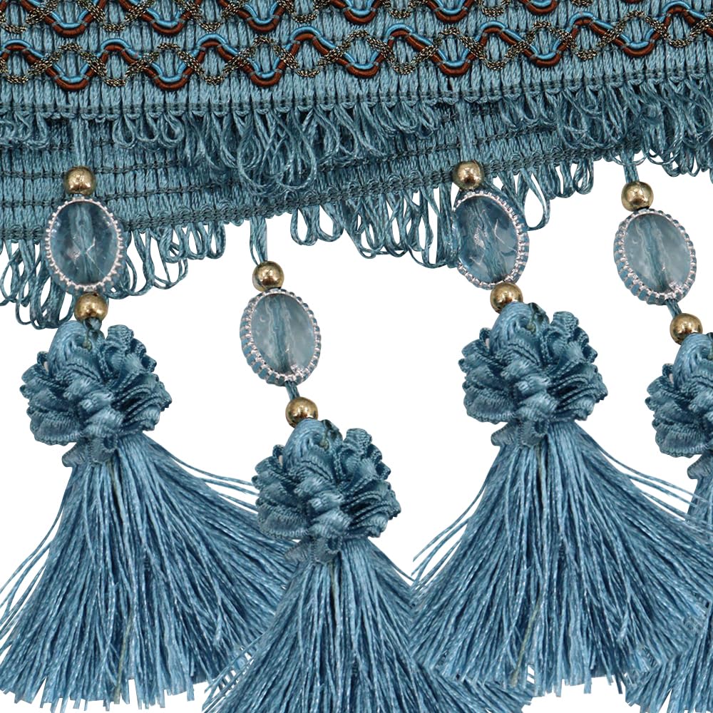 Pom Pom Curtain Fringe Trim Beads Ball Tassel Trimming Sewing Ribbon Upholstery Fabric (Blue) - 3yards