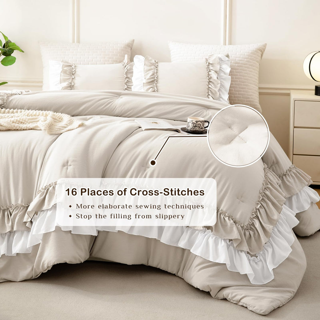 Ruffled Comforter Set, Farmhouse Shabby Boho Chic Bedding Wheat and White Ruffle Comforter Vintage Rustic French
