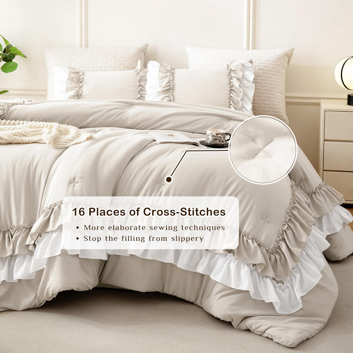 Ruffled Comforter Set, Farmhouse Shabby Boho Chic Bedding Wheat and White Ruffle Comforter Vintage Rustic French