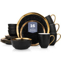 Lain Florian Modern Porcelain 16 Piece Dinnerware Set, Plates and Bowls Set, Dish set for 4, Black And Golden Rim
