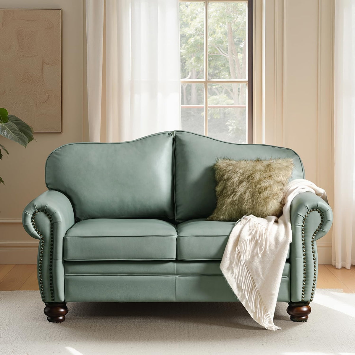 60" Wide Genuine Leather Chesterfield Loveseat, 2 Seat Leather Sofa with Rolled Arms, Nailhead Trim Furniture, Easy