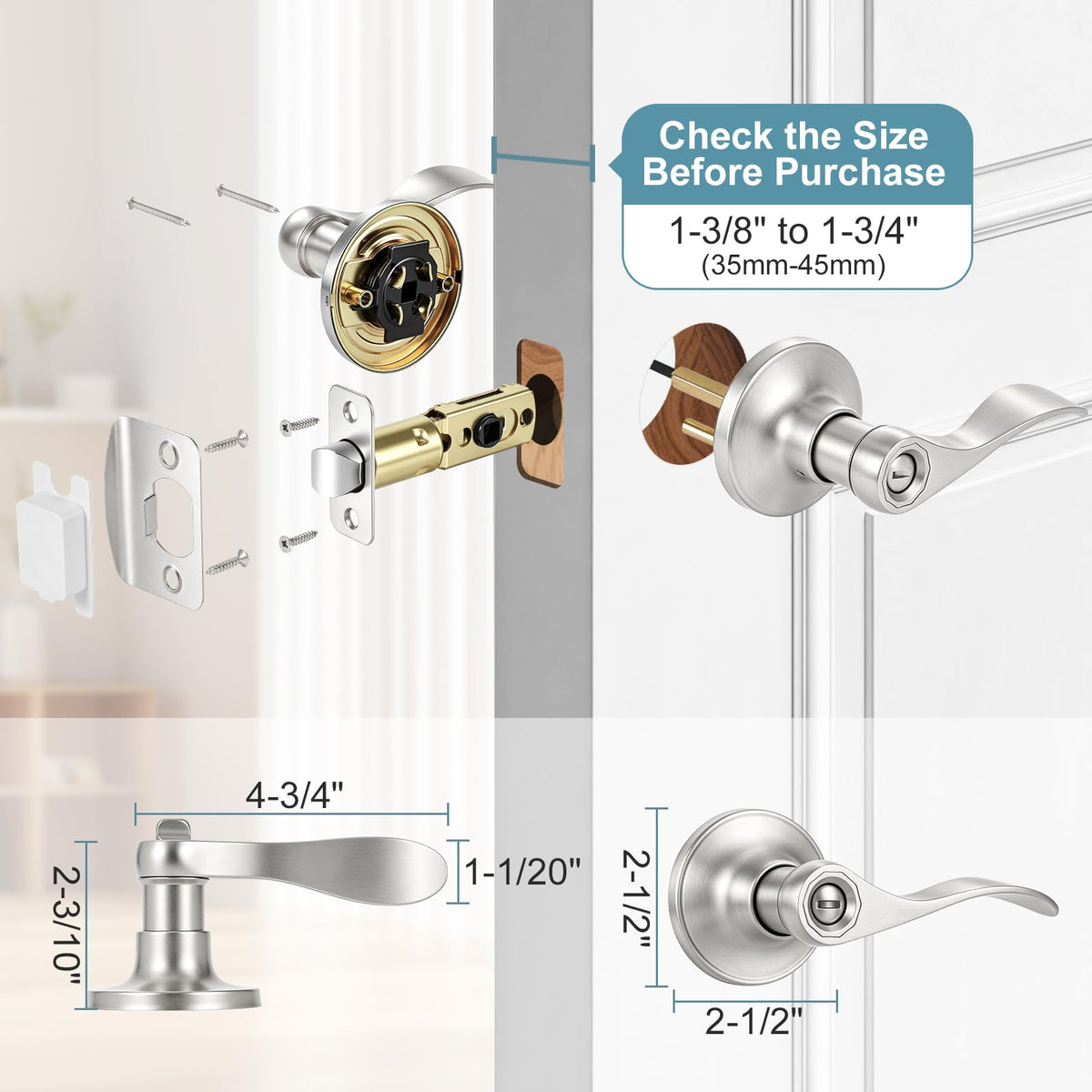 2 Pack Privacy Door Levers Interior Door Handles, Brushed Nickel Keyless Interior Door Knobs Locks , Heavy Duty Door