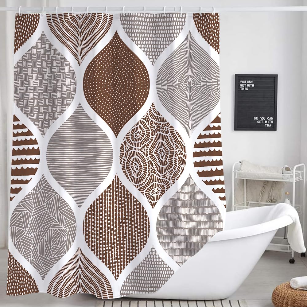 Tan and Grey Shower Curtain, Brown Retro Bohemian Geometric Fabric Shower Curtains Set Decorative, Boho Modern