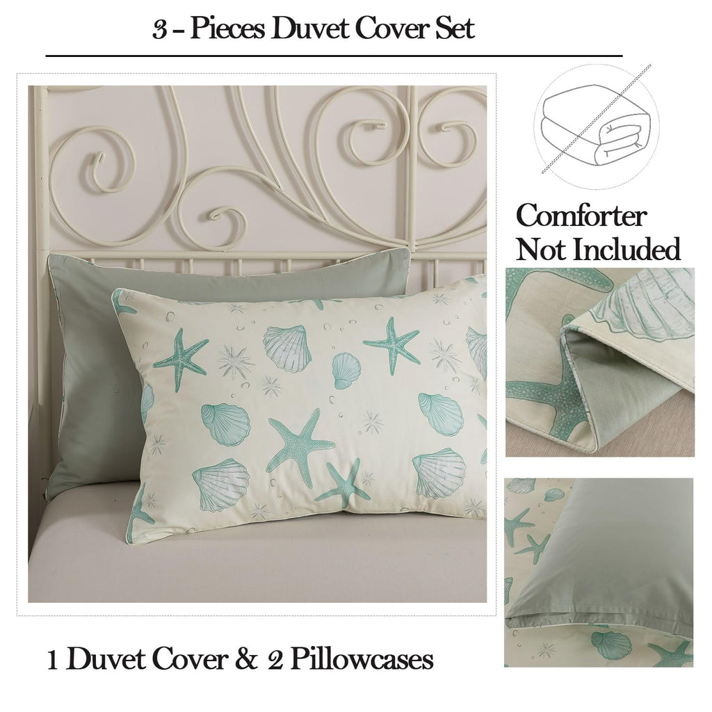 Premium 100% Cotton Coastal Duvet Cover Set - Soft Breathable Beach Bedding, Seafoam Green Starfish & Seashell