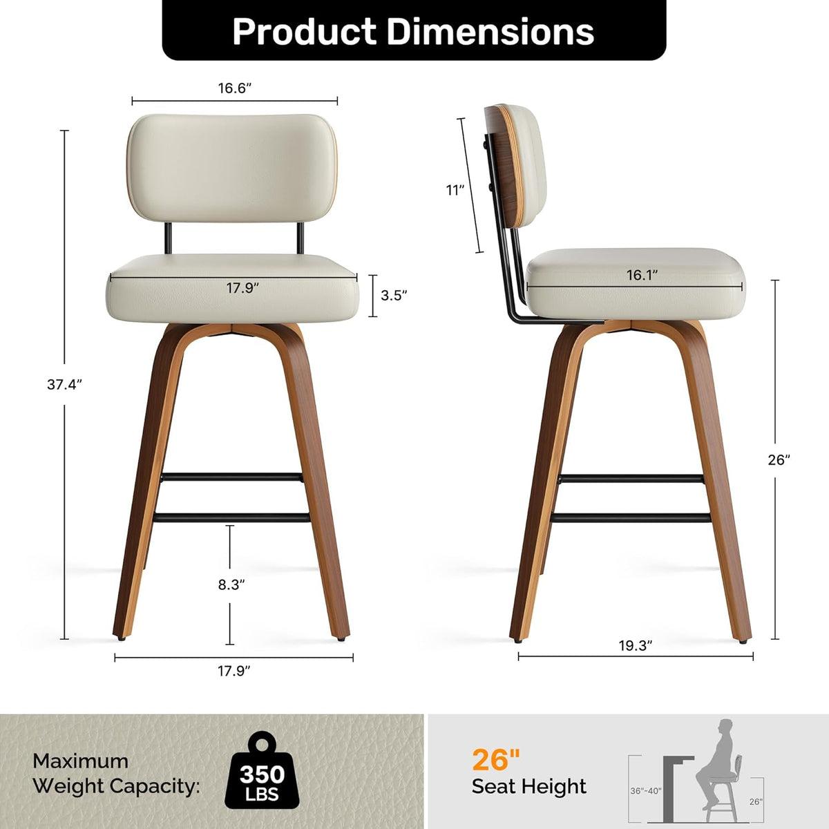 Swivel Bar Stools Set of 4, 26" Upholstered Faux Leather Counter Height Barstools with Walnut Back & Bentwood Legs