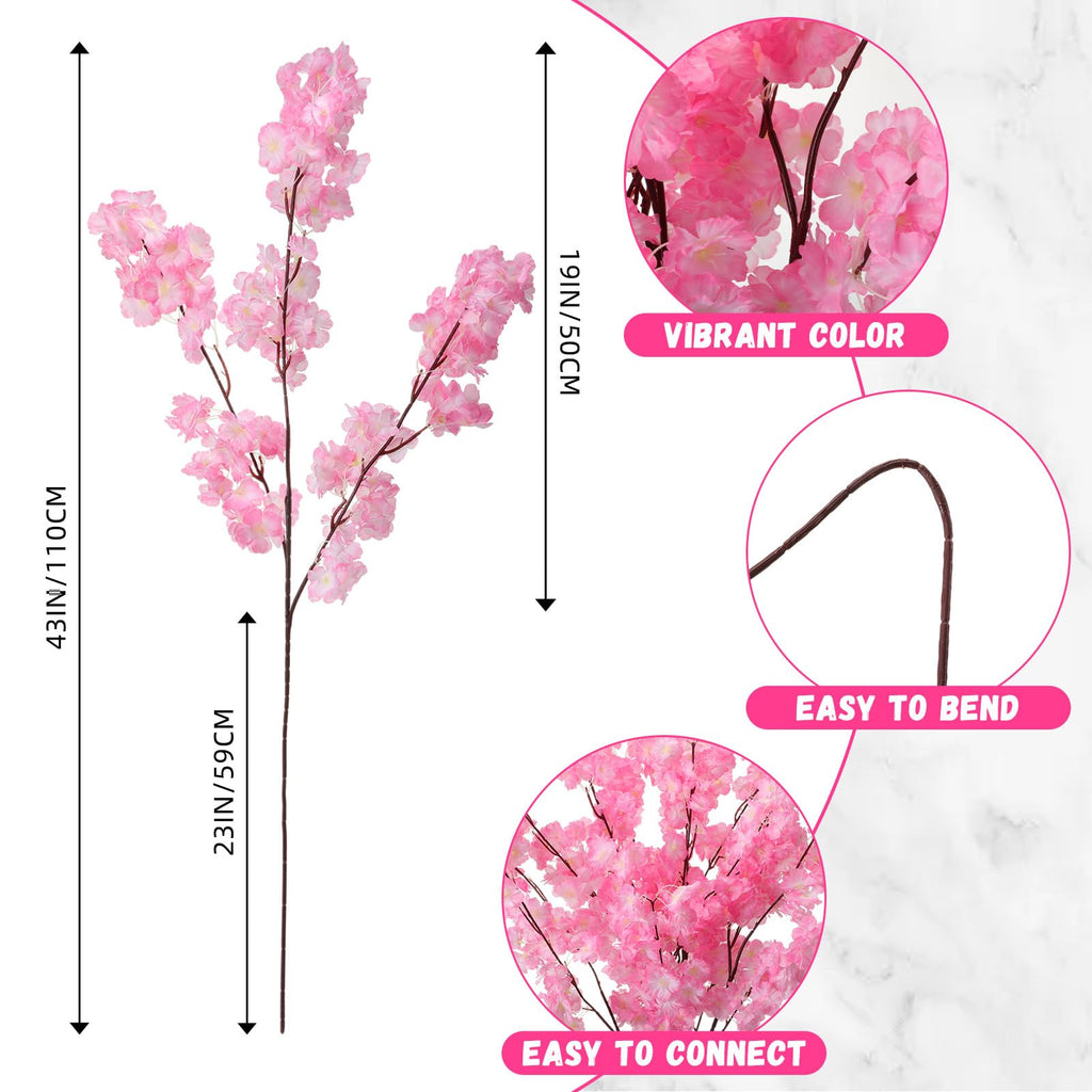 6 Pcs Artificial Cherry Blossom Branches Silk, Deep Pink, Classic