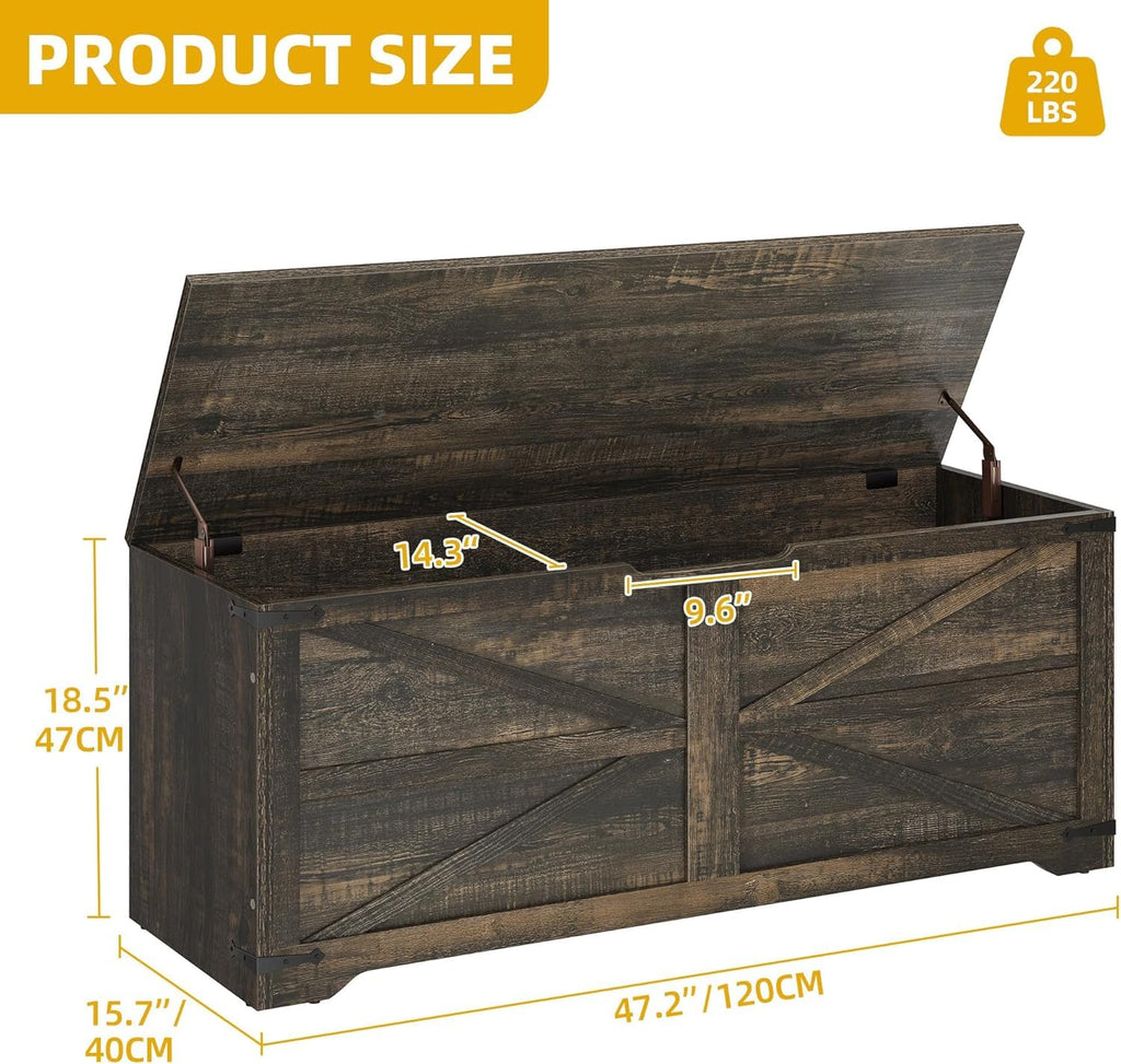 47.2" Farmhouse Storage Bench with Safety Hinges, Dark Rustic Oak