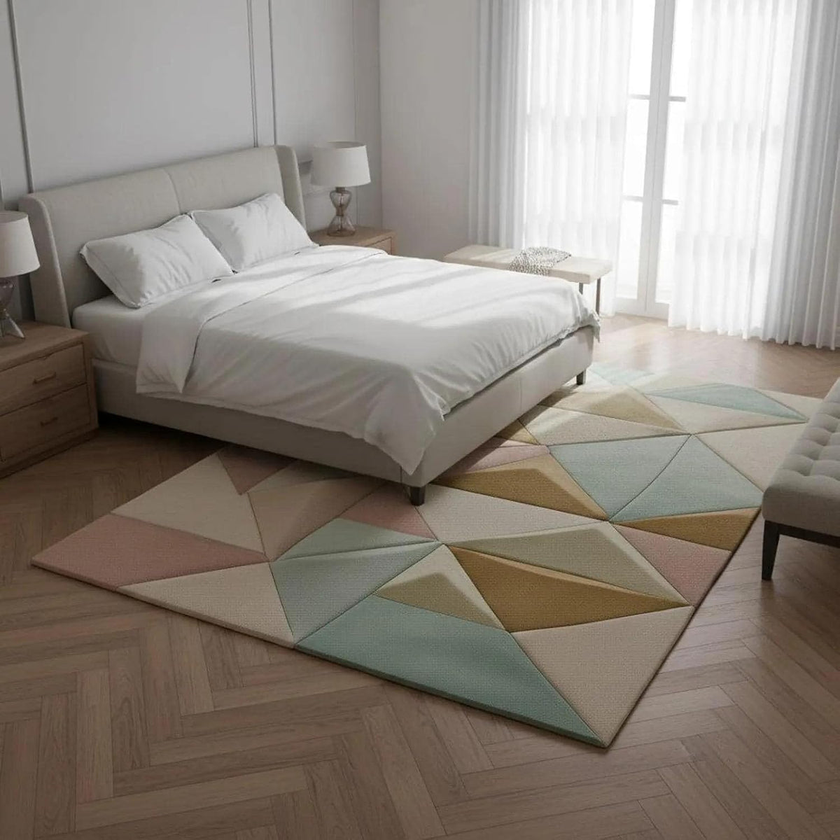 Modern Hand Tufted Wool Area Rug - Pastel Geometric Triangle Floor Carpet for Scandinavian Living Room, Bedroom