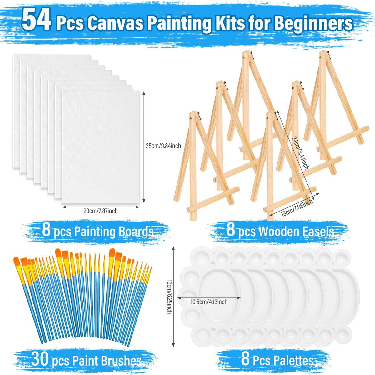 54 Pack Canvas with Easel Set 8 x 10 Inch Canvas Boards with Wooden Easels, Paint Brushes Canvas Panel Painting Kit