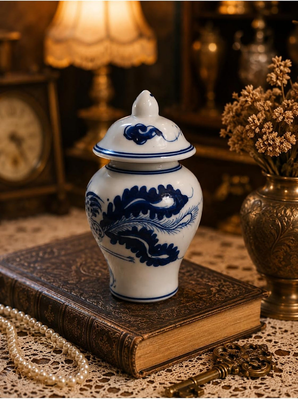 Blue and White Porcelain Decorative Jar with Lid - Classic Traditional Motifs - Vintage Style - 4.3 Inch Height