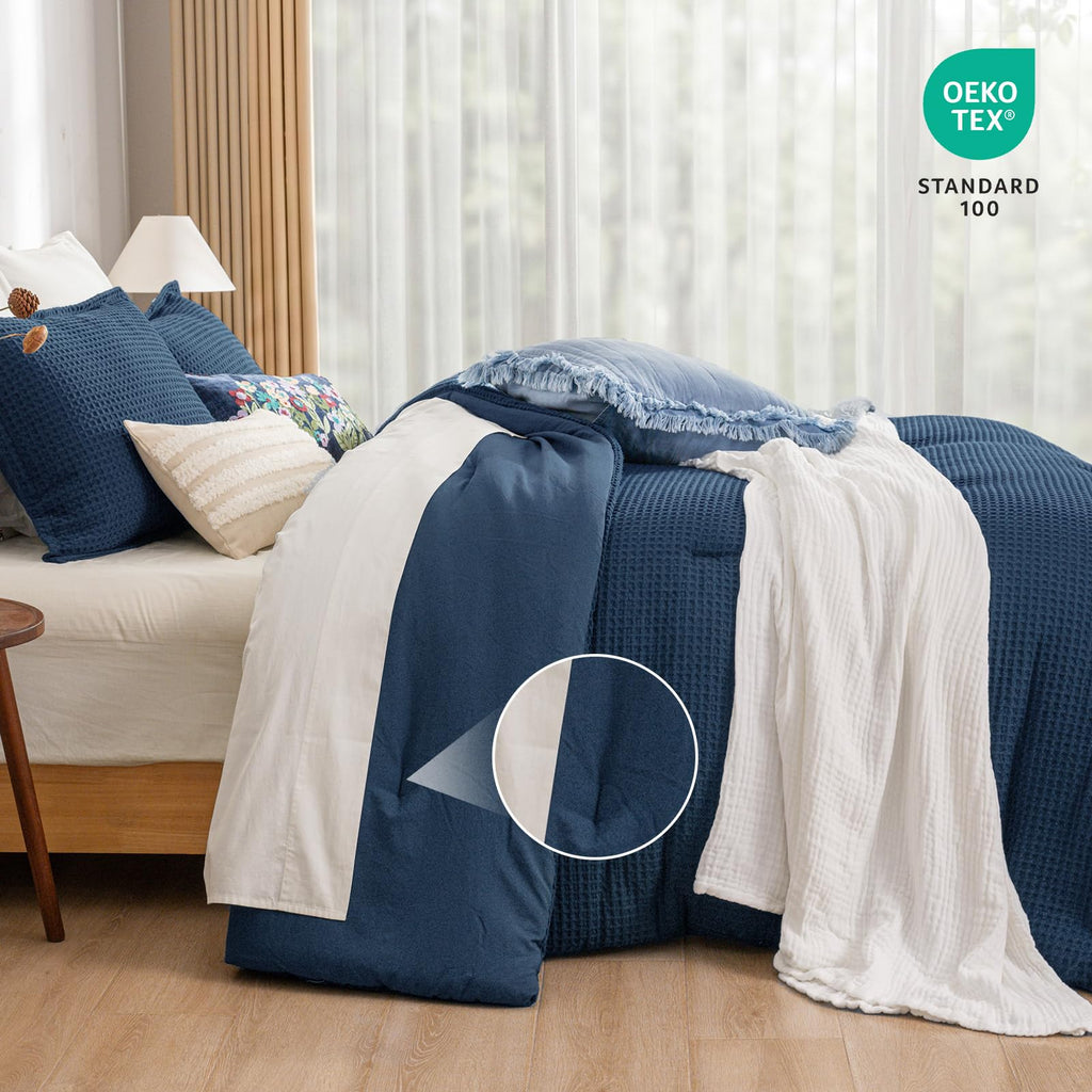 Ultra Soft Waffle Comforter Set 3 Pieces, Navy Blue