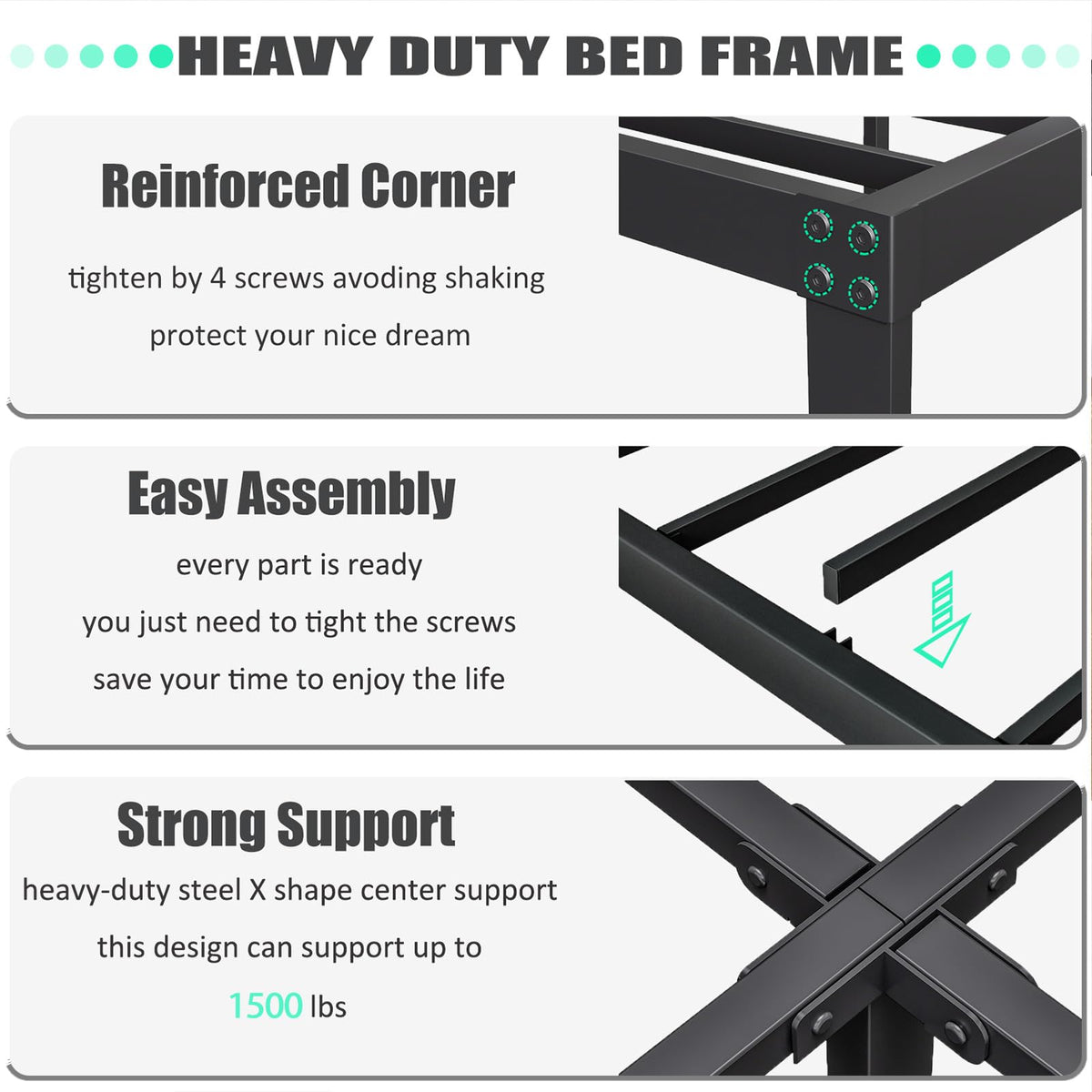 Full Size Metal Bed Frame with Solid Wooden Headboard, Country Style Bed Platform, 14 Inch High Heavy Duty Steel