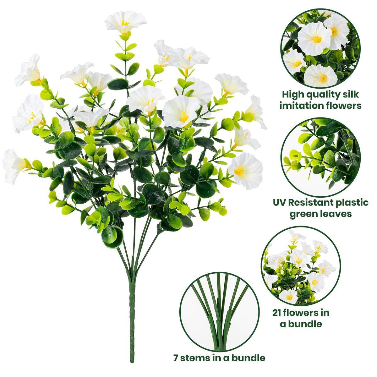 Artificial Faux Flowers for Outdoor 16 Bundles Fake Morning Glory, White