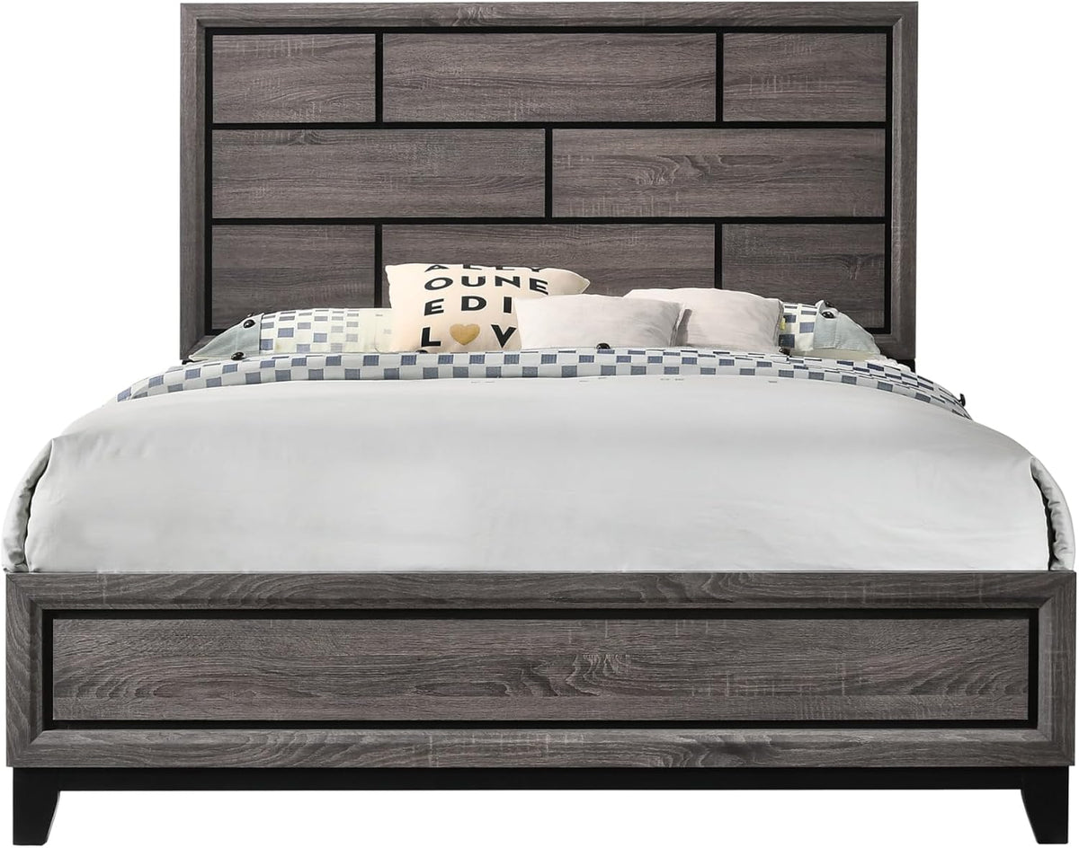 Gray Bed Low Profile Geometric Headboard Solid Wood