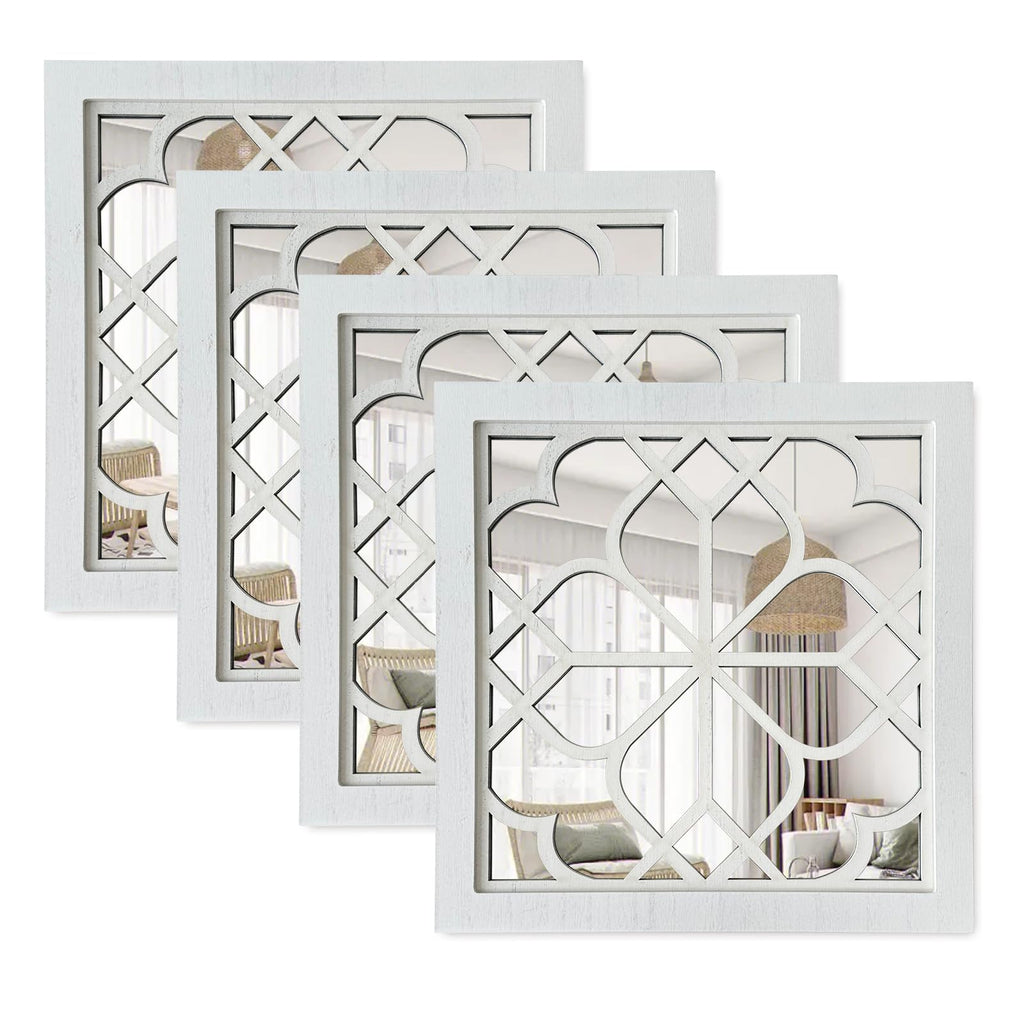 4 Set Rustic Wall Mirrors Bathroom Living Room Entryway Wood Farmhouse Square Easy to Hang Framed Decorative Accent