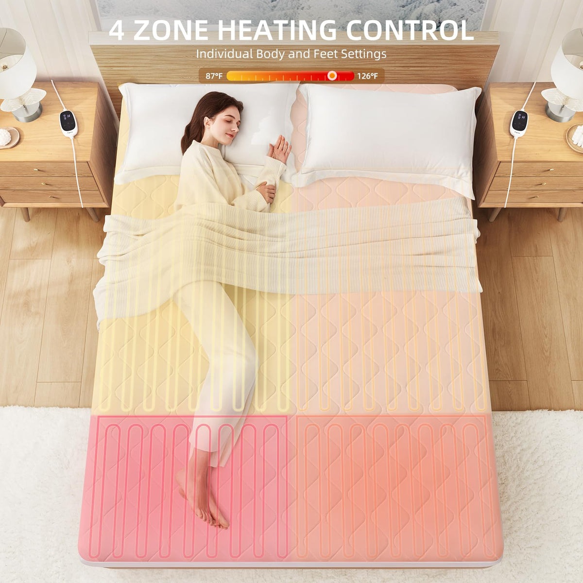 Heated Mattress Pad Quilted Multizone Electric Mattress pad Individual Body and Feet Bed Warmer 9 Heat Settings 1-12