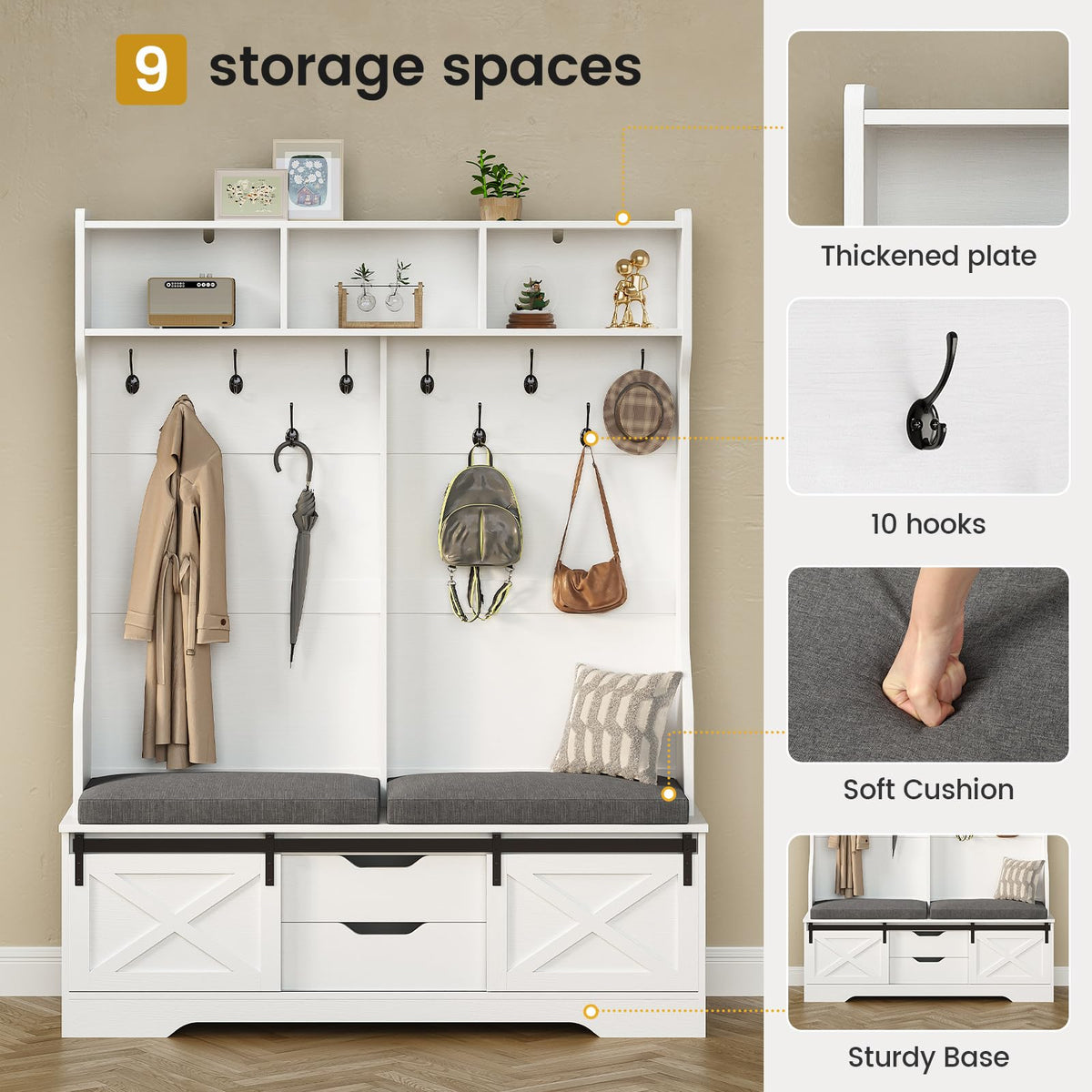 Hall Tree with Bench and Shoe Storage, Entryway Bench with Coat Rack, Modern Farm House Barn Door 3-in-1 Hall Tree